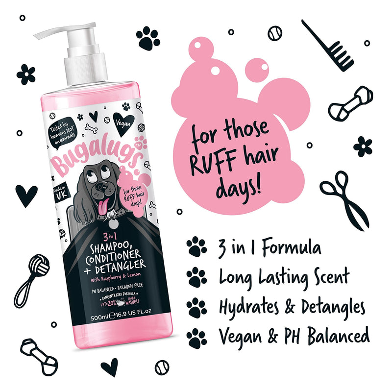 BUGALUGS 3-in-1 Dog Shampoo, Conditioner & Detangler – Raspberry & Lemon Scented Grooming for Smelly Dogs, Puppy Coat Care, Pet Accessories (500ml) (BSDTCDE500) Shampoo 500ml