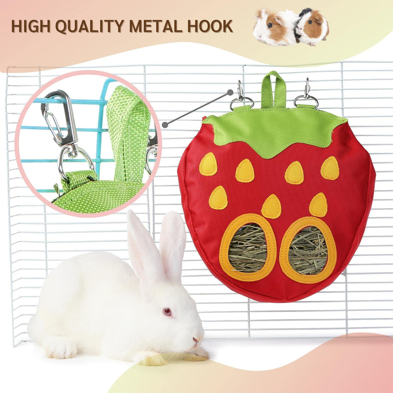 JanYoo Rabbit Hay Feeder Bag for Cage Guinea Pig Timothy Hay Dispenser Storage Manger Hanging Large Less Waste for Bunny A-Strawberry Pack of 1 - PawsPlanet Australia