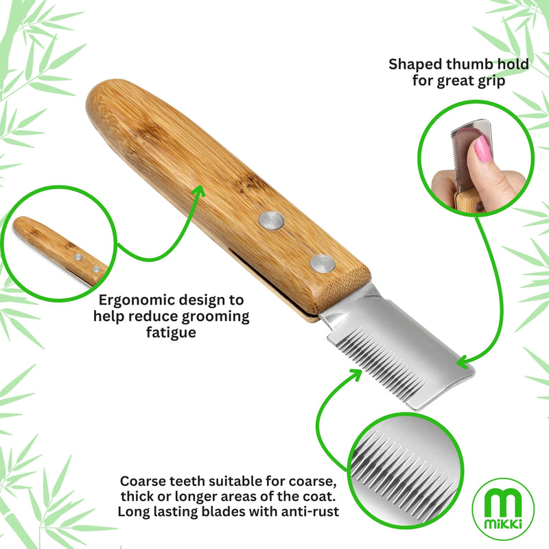 Mikki Bamboo Stripping Knife For Dog Grooming, For Stripping Overgrown Hair from Top Coat, Long Lasting Anti-Rust Blades, Easy Hold Contoured Handle, Coarse Tooth for Wire Coated Dogs