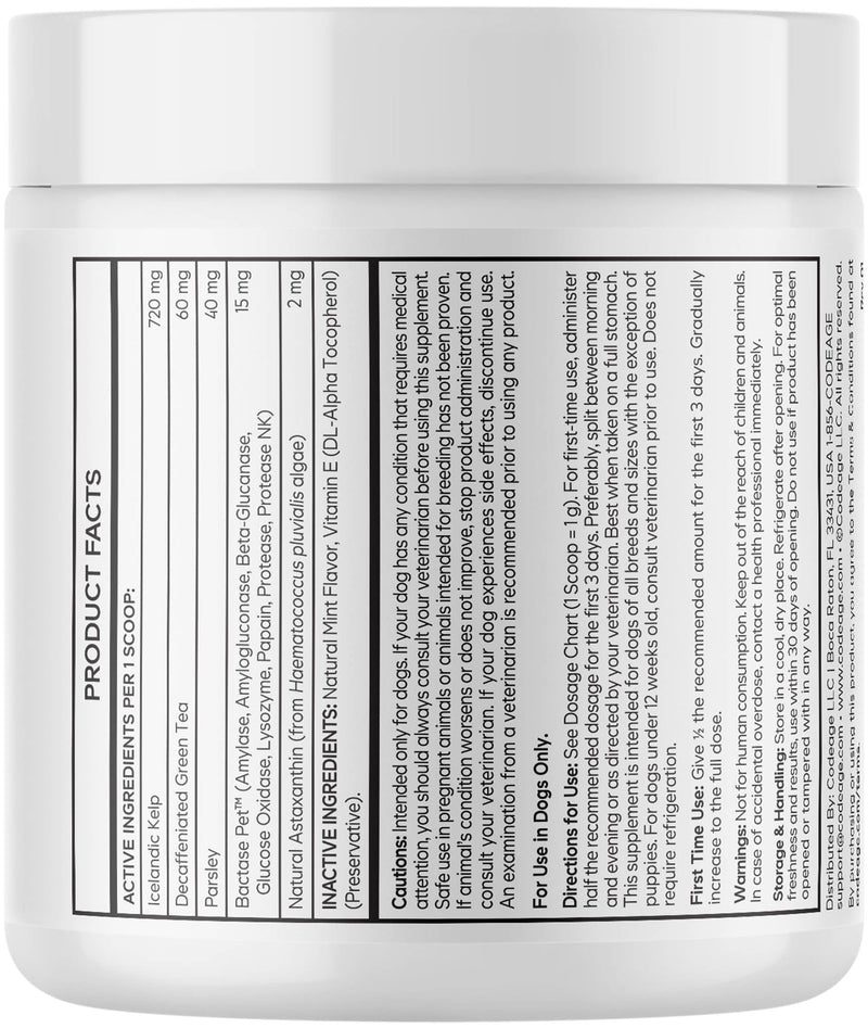 Dental Powder for Dogs – Canine Oral Care Supplement with Icelandic Kelp, Decaffeinated Green Tea, Enzyme Blend & Astaxanthin – Teeth, Mouth & Breath Powder for Dogs - Mint Flavour - 2.12 Oz