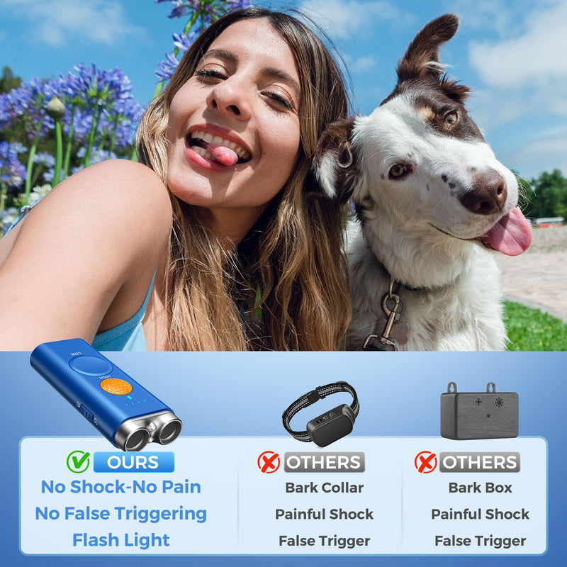 Dog Bark Deterrent Device, Anti Barking Device for Dogs Training Indoor Outdoor No More Bark Ultrasonic 2X Effective Emitters 50ft Range to Stop Neighbors Dog Barking Rechargeable for All Dogs Blue