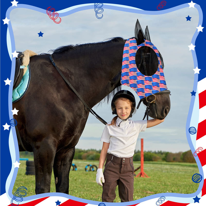 Chunful 6 Pcs 4th of July Horse Fly Masks with Ears 250th Anniversary Fly Masks Comfort Stretchy UV Protection American Flag Stars Breathable Mesh for Memorial Day Horse Supplies(Large) Large
