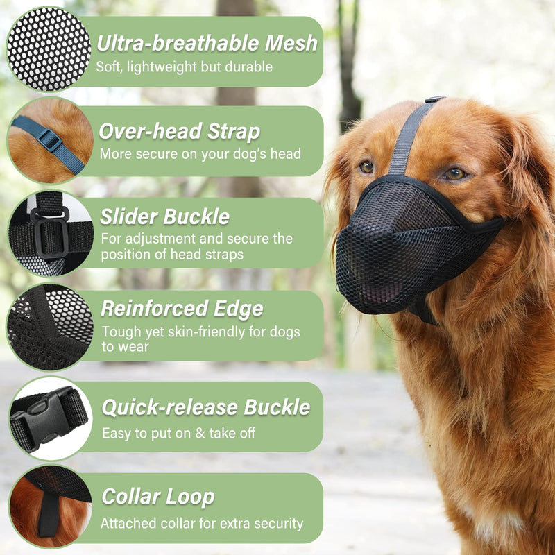 Mayerzon Dog Muzzle, Soft Mesh Muzzle for Small Medium Large Dogs, Adjustable Puppy Muzzles for Scavenging Biting Licking and Chewing, Allows Panting and Drinking Black L-(Snout:11"-12¼")