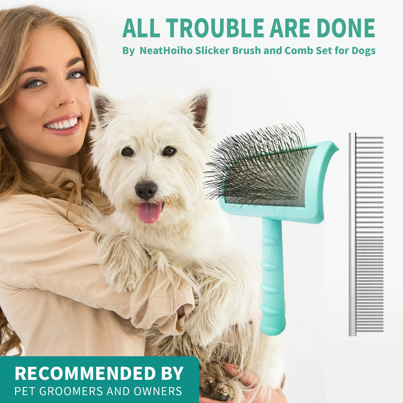 Large Slicker Brush & Green-comb Value Kit, Extra Long Pin Dog Grooming Brush for Curly Hair Goldendoodles, Removes Long and Loose Hair & Undercoat - PawsPlanet Australia