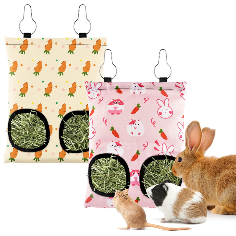 Bissap 2PCS Rabbit Hay Feeder Bag, 2 Holes Hanging Hay Feeder Guinea Pig Hay Bag for Rabbits Bunny Chinchillas Hamsters Rats and Other Small Pets Small Animal - S (Pink & Beige)