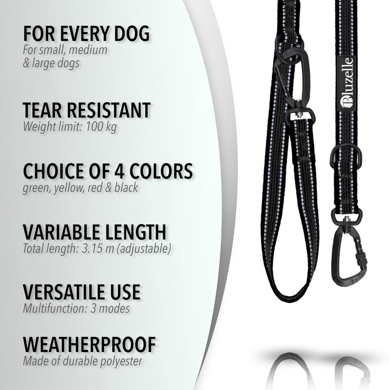 Strong Double Dog Lead 3m for Large Dogs up to 220lb, Adjustable & Rubberised Tape with Reflective Seam, 2x Carabiner Clip 360° Aluminum, Crossbody Strap Hands Free Dog Leash, Color:Black Black