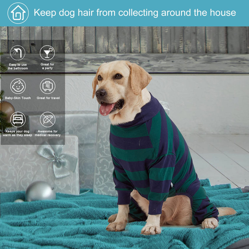 LovinPet Large Dog Pajamas Bodysuit, Lightweight Stretchy Knit Pullover Dog Onesie, Pet Pajamas for Dogs, Green and Black Stripe Print Dog Shirt, UV Protection, Stop Shedding for Dogs, Pet PJ's, 2XL XX-Large Green/Blue - PawsPlanet Australia
