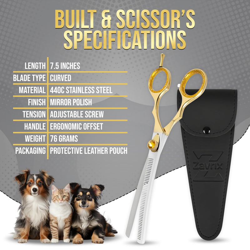 ZAVRIX Professional Dog Grooming Scissors – 7.5” Curved Thinning Shears with 34 Teeth, Pet Chunkers for Dogs & Cats, Premium 440C Stainless Steel Grooming Tools (Golden Polish Curved Thinning Scissor) Golden Polish Curved Thinning Scissor - PawsPlanet Australia