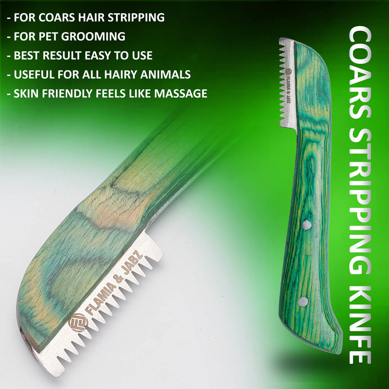 FLAMIA & JABZ Professional Stripping Knife kit (6 Pieces Set) for Dogs & Pets, Wooden Handle Grip with Stainless Steel Comb (Right Handed) (Green) Green - PawsPlanet Australia