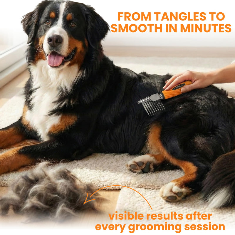 Poodle Dematting Fur Rake Comb Brush for Dogs and Cats - Long 2.5" Steel Safety Blades Metal Comb for Detangling Matted or Knotted Undercoat Hair (Orange) Dematting Comb Orange