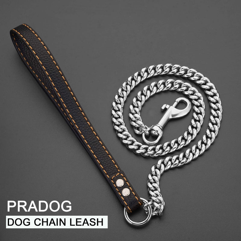 PRADOG Chain Dog Leash Metal Chew Proof 12MM Heavy Duty Pet Leash Chain with Leather Padded Handle for Large Medium Small Dogs(Totally Length of 3ft) 3.0 FT ( For Larger Dog) - PawsPlanet Australia