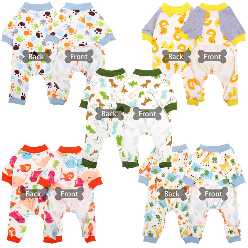 URATOT 5 Pieces Puppy Dog Pajamas Pet Jumpsuit Soft Puppy Rompers Pet Dog Cute Clothes Onesies Puppy Bodysuits for Pet Puppy Dog Cat, 5 Styles (Small) Dog Paw, Dinosaur, Mermaid, Yellow Duck, Giraffe Small