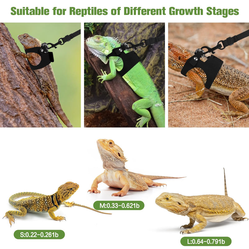 Bearded Dragon Harness Leash Set 3 Size Adjustable Lizards Training Walking Leather Vest Escape-Proof Traction Rope for Outdoor Small Reptiles Animal Squirrels (Black) Black - PawsPlanet Australia