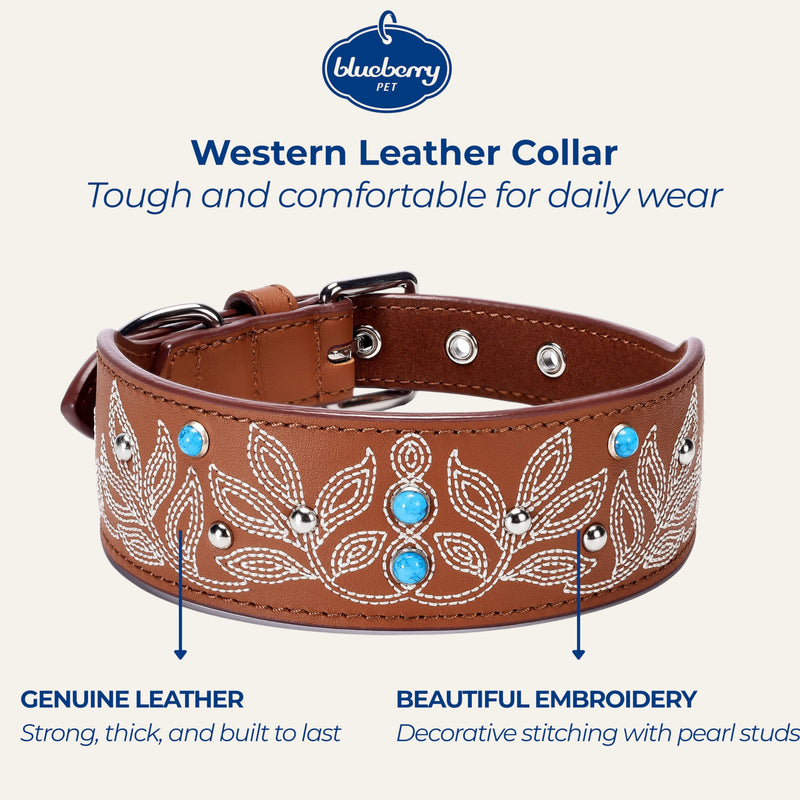 Blueberry Pet Genuine Leather Dog Collar - Western-Inspired Brown Leather Dog Collar for Large Dogs with Floral Embroidery & Turquoise Studs, 18-22 Inch Adjustable & Durable for City Pet Owners Canyon Brown