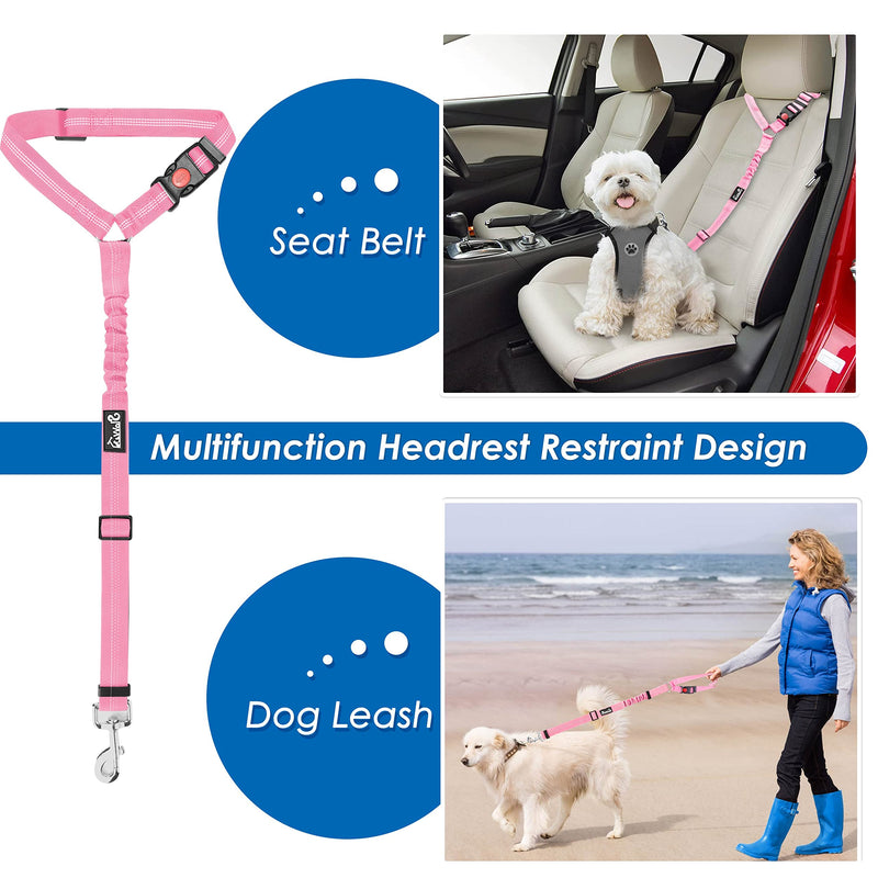 Lukovee Dog Seatbelt Leash for Cars, 2 Pack Pet Safety Car Seat Belt with Adjustable Buckle & Reflective Bungee, Connect Dog Harness in Vehicle Car Dogs Restraint Travel Daily Use (Pink) A-Pink A- Headrest with Clip + 2 in 1 Seat Belt