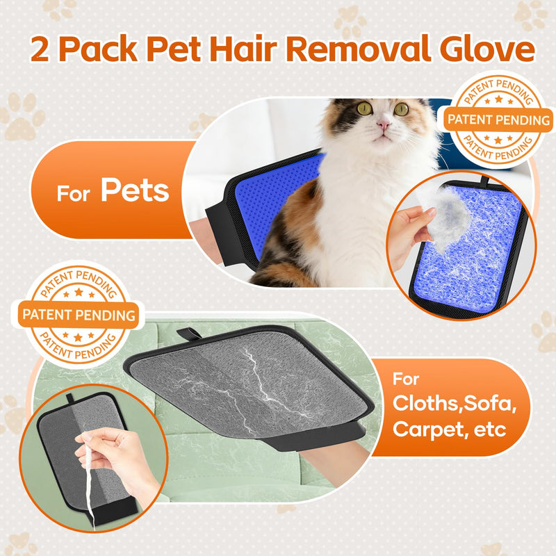 2 Pack Pet Hair Removal Glove, Pet Hair Remover Tool with with Wrist Strap, Gentle Shedding Silicone Brushes for Dogs & Cats, Efficient Pet Hair Gloves for Couch Carpet Clothing DM2BD-BU - PawsPlanet Australia