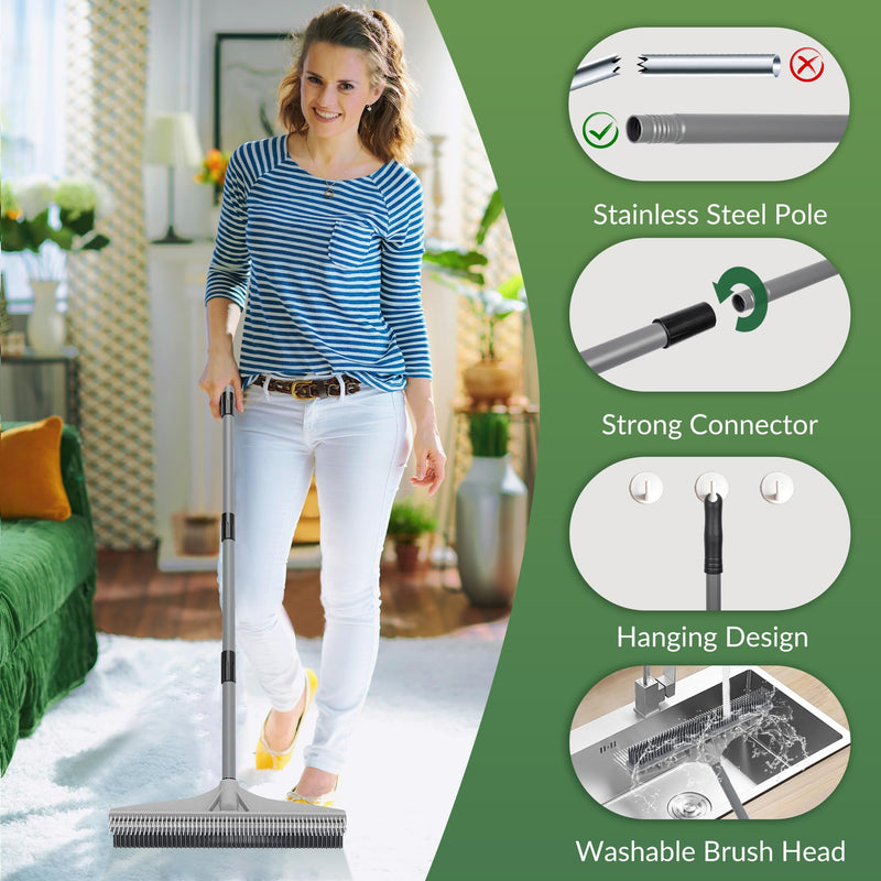 Walensee Carpet Rake for Pet Hair Removal, 2 in 1 Rug Rake to Fluff Carpet with Nylon Groomer Brush, Adjustable Long Handle for Shag Rugs, Stairs, Mats and Floors, Rubber Broom - PawsPlanet Australia