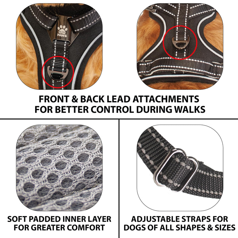 Elite Paws® UK: Premium Metal Buckle Dog Harness, Strong, Safe, Padded, Comfortable, Adjustable, Reflective, Front/Back Lead Attachments, Soft Handle, Pet Walking Vest/Training Product (Black, Medium) M (small to smaller medium dogs) Black - PawsPlanet Australia
