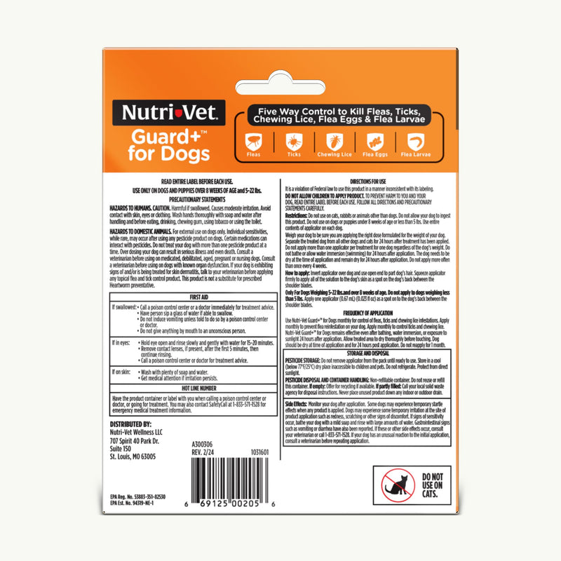 Nutri-Vet Guard+ for Dogs - Flea & Tick Prevention for Small Dogs 5-22 lbs. - Waterproof - 30 Days of Protection - 3 Month Supply