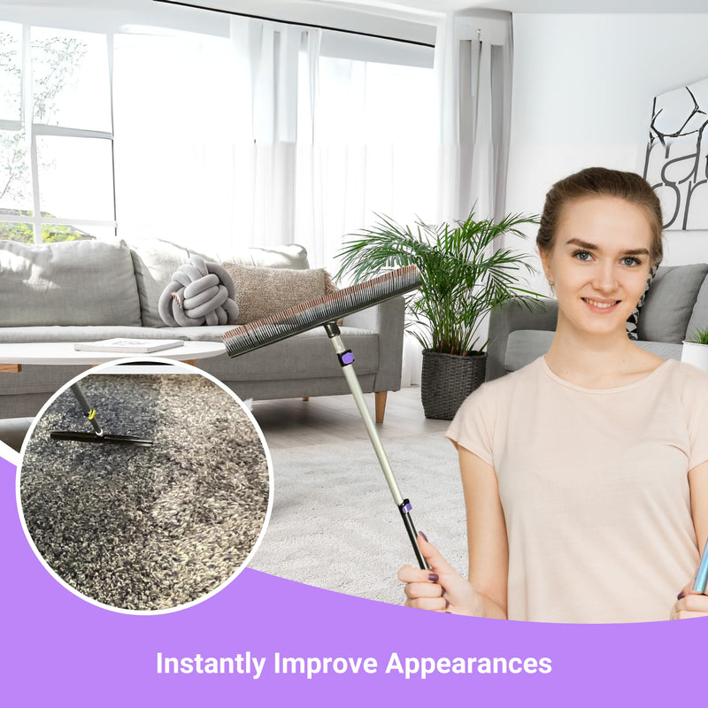 Room Groom PET Carpet Rake Groomer with Telescoping 54 " Adjustable Handle, with Lint Remover Brush Tool, Carpet Brush for Pet Hair and Refreshing Carpets, (Black/Purple) PET + Lint Tool - PawsPlanet Australia