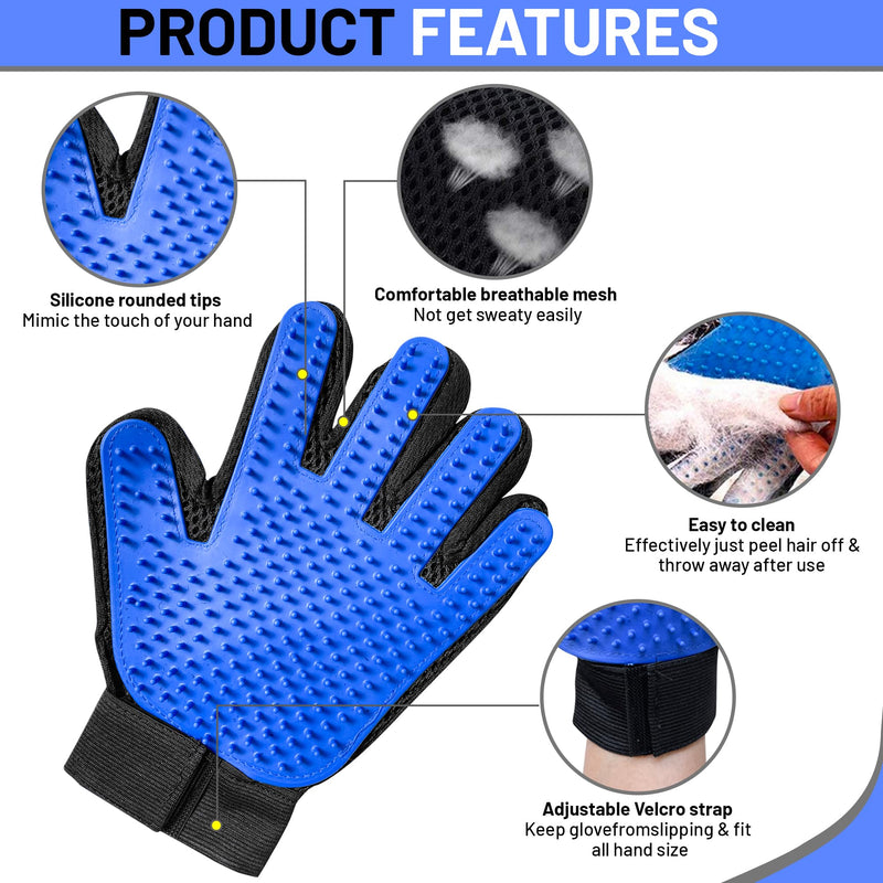 Upgrade Pet Grooming Gloves, Grooming Gloves for Dogs, Cats, Rabbits & Horses with Long and Short Hair, Efficient Pets Hair Remover Mittens - 1 Pair (Blue) Blue - PawsPlanet Australia