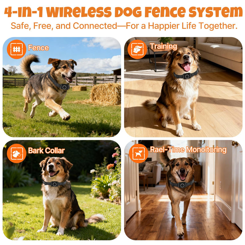 KITPLUS Wireless Dog Fence System, Electric Fence for Dogs, 4-in-1 Dog Training Collar with Remote, Bark Reminder, Status Monitor, IPX7 Waterproof Receiver for Medium Large Dogs Outdoor Use Green