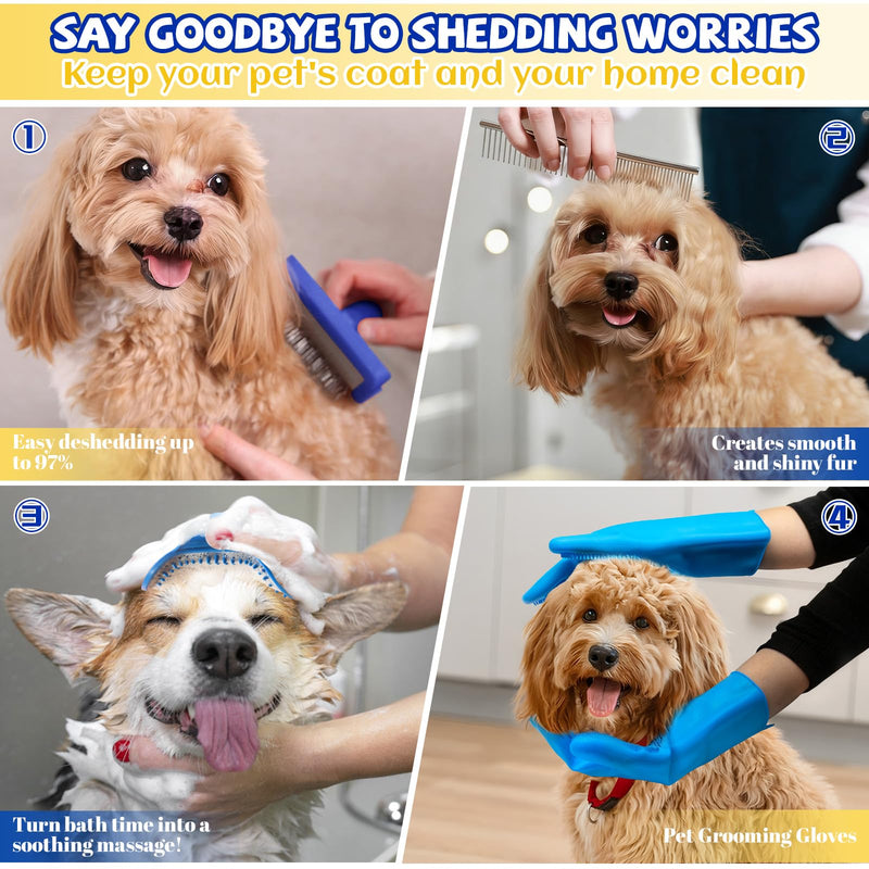 8PCS Dog Slicker Brush for Dogs Grooming Kit,Bath Grooming Kit for Pets,Hair Brush Set with Towel,Washing Gloves,Slicker Comb,and Shampoo Scrubber Brush for Small and Large Dogs and Cats(Blue) Blue