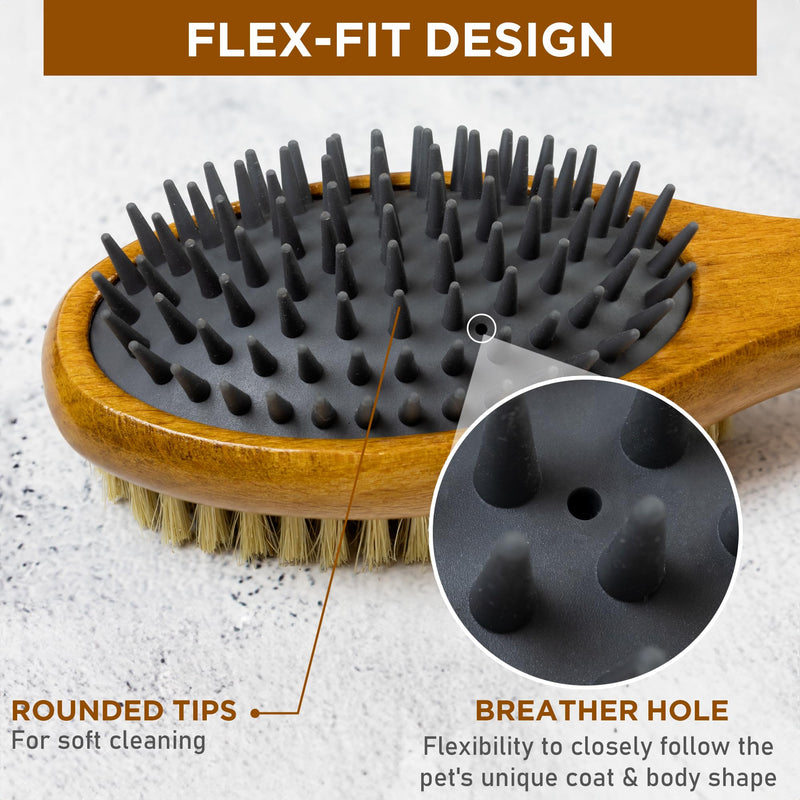 TAKAVU Short Hair Dog Cat Brush, Double-Sided Silicone & Bristle Pet Grooming Brush for Removing Dirt & Loose Hair, Coats Detangling Deshedding, Massage Pet Skin, Wood Handle Pet Comb White Boar Bristle & Silicone Brush - PawsPlanet Australia