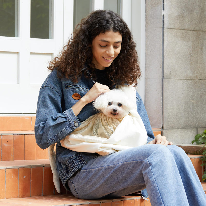 FUKUMARU Dog Sling, DIY Strap Puppy Carrier Sling for 5-12lbs Small Dogs, Ultralight Cat Travel Purse with Mesh Bag, Pets Papoose Carrier Foldable and Machine Washable, 22.44 * 16.9 * 11.8inch(Cream) - PawsPlanet Australia