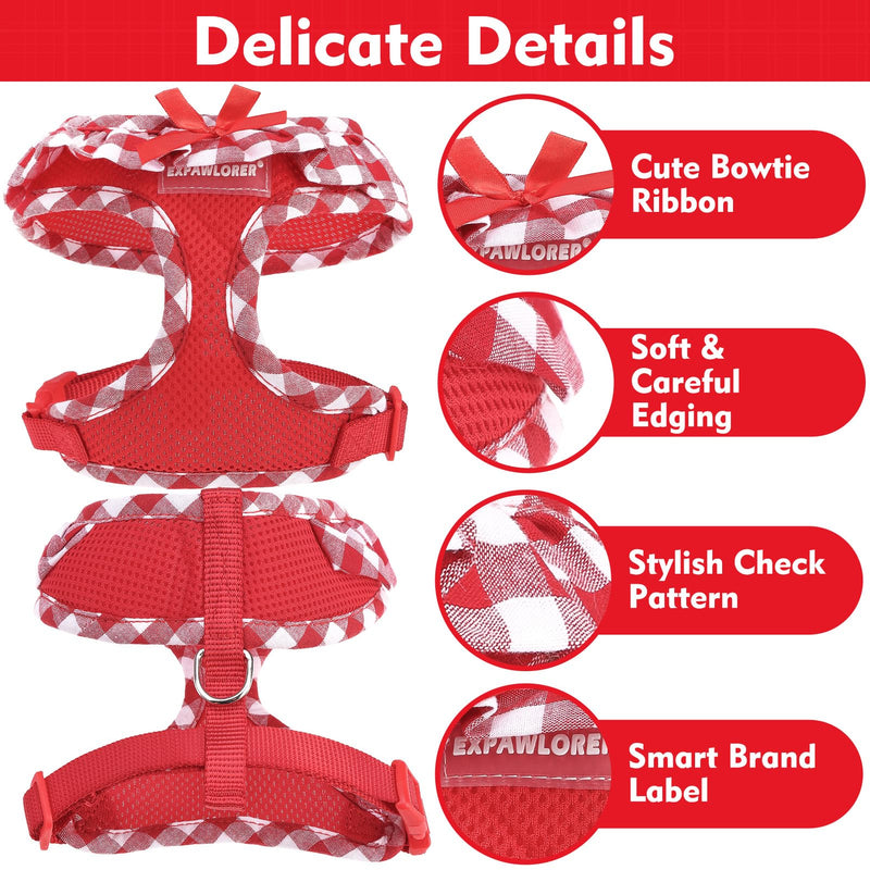 EXPAWLORER Cute Dog Harness Collar Leash Set - Red Girl Dog Harness Checkered Step-in Design, Detachable Bow Pet Collar, Adjustable No-Choke Lightweight Mesh Vest for Cats Puppy Small Dogs, S Red (with Collar) - PawsPlanet Australia