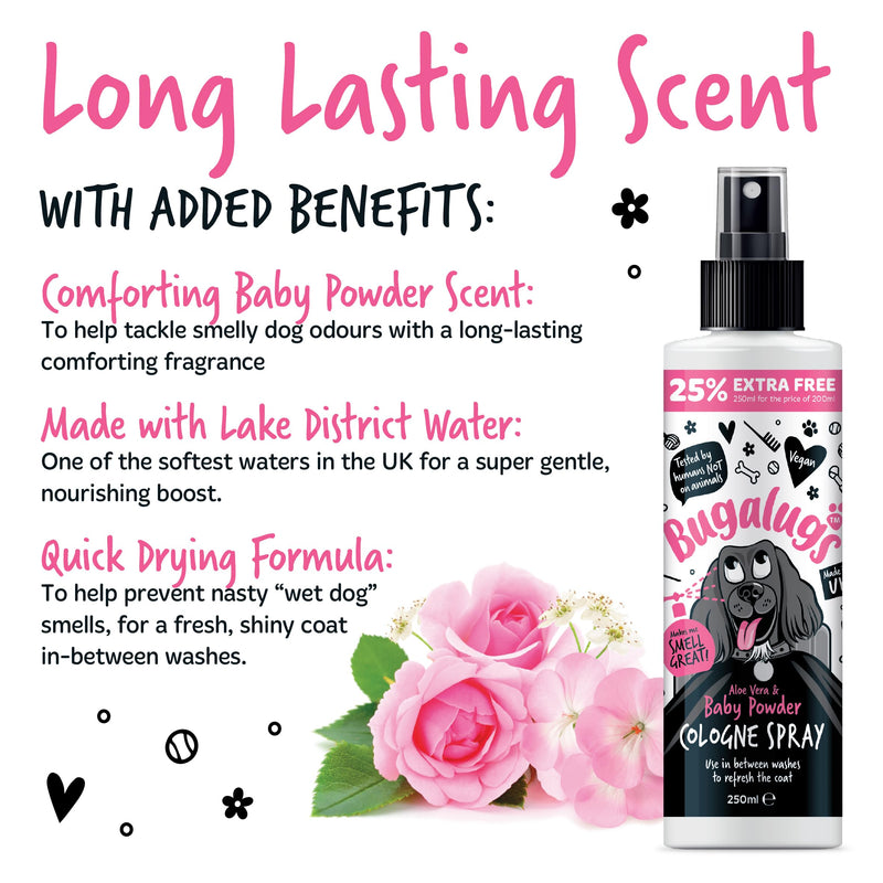 Bugalugs Dog Perfume Spray with Aloe Vera & Baby Powder Cologne great Pet Odour Eliminator Deodorant Spray for Smelly Dogs can use as Dry Shampoo