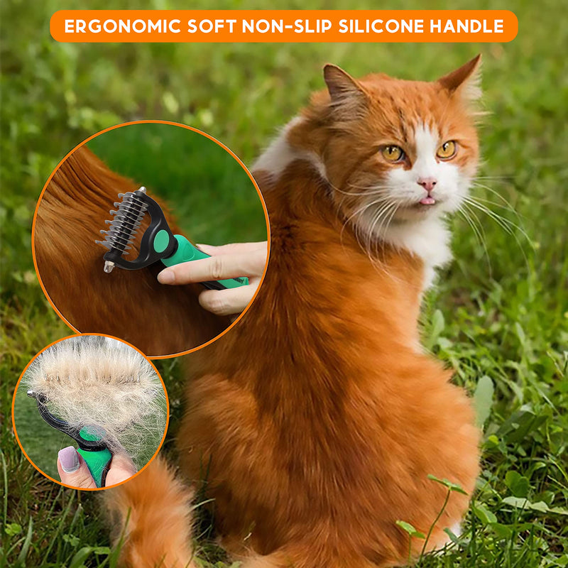 Candure Dematting Comb for Dog and Cat, Pet Grooming Rake and Brushes for Small & Medium Dogs 11+6 Double Sided Blade Deshedding Tool Removes Knots, Undercoat, Mats and Tangled Hair (Green) Green - PawsPlanet Australia