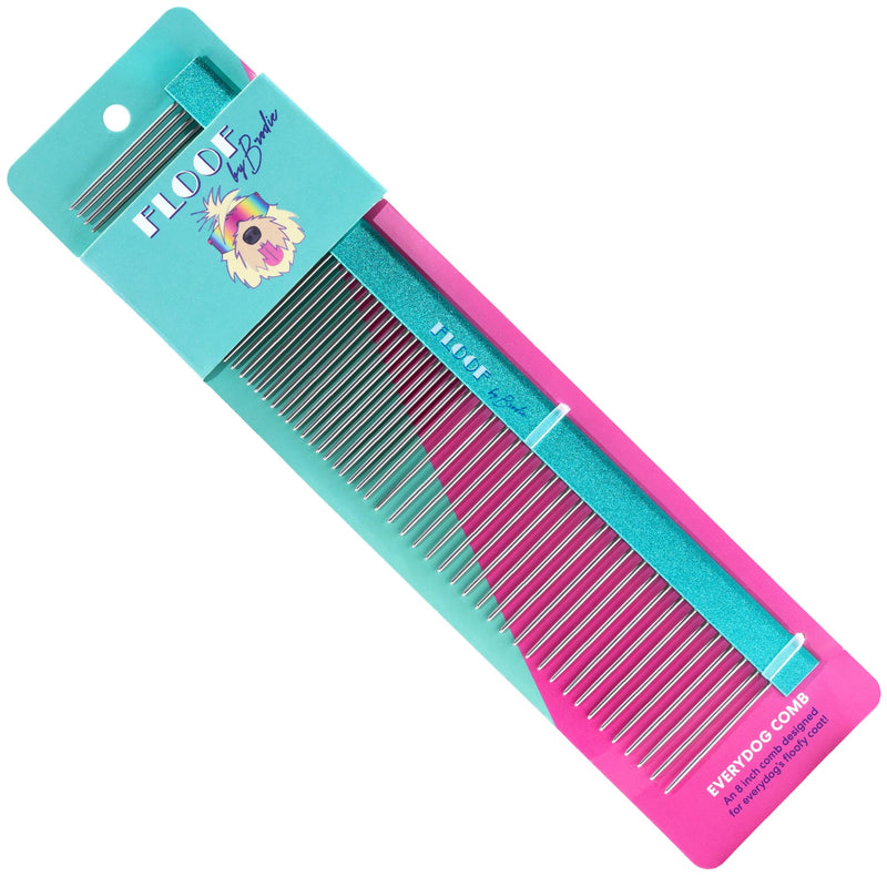 Floof by Brodie Everydog Comb, 8 in. Greyhound Style Fine/Coarse Fur Comb for Dogs and Puppies, Cats; Rounded Corners Prevent Friction and Breakage, Solid Brass with Steel Teeth, Chrome Finish - PawsPlanet Australia