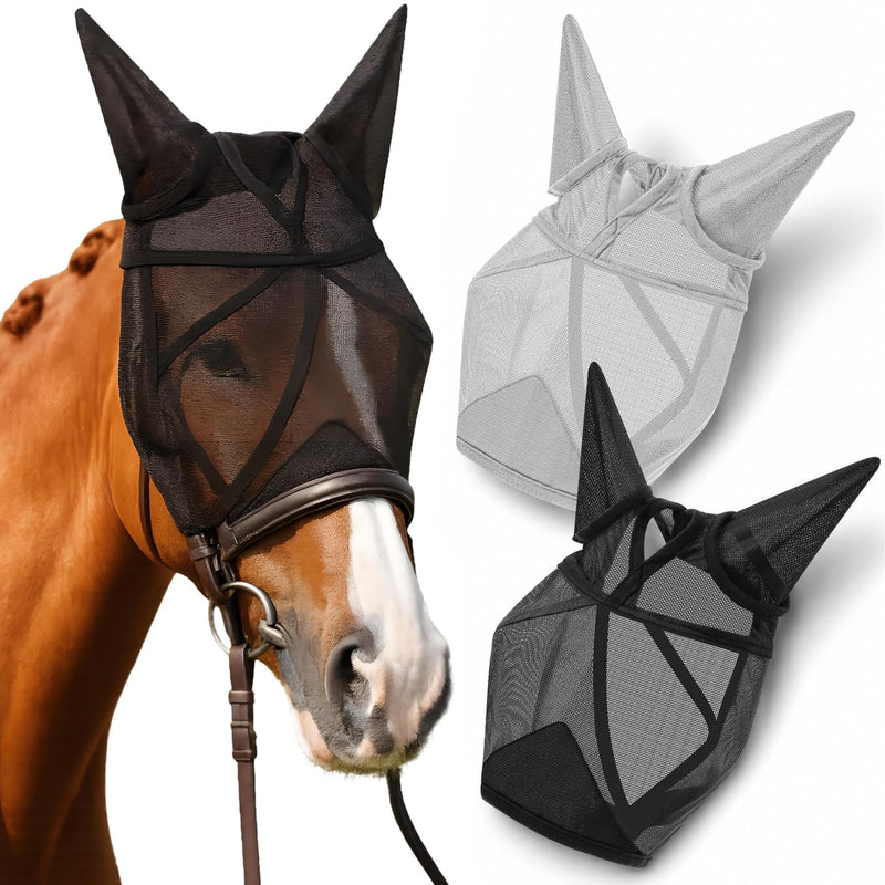 2 Pcs Horse Fly Mask with Ears Adjustable UV Protection Horse Fly Mask Accessories Large Eye Space with Ears for Horses Summer, Black and Gray(L) L