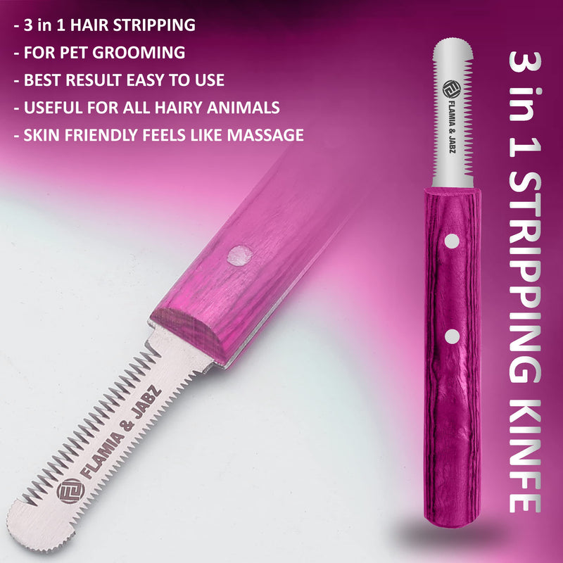 FLAMIA & JABZ FJ Professional Stripping Knife kit (6 pieces set) for Dogs & Pets, Wooden Handle Grip with Stainless Steel Blade (Right handed) (Pink) Pink - PawsPlanet Australia
