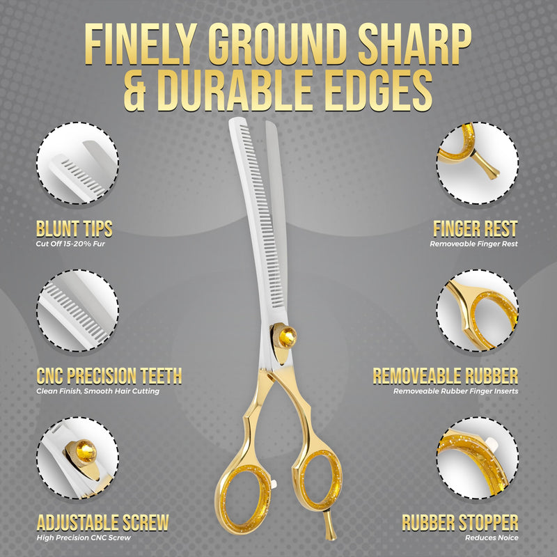 ZAVRIX Professional Dog Grooming Scissors – 7.5” Curved Thinning Shears with 34 Teeth, Pet Chunkers for Dogs & Cats, Premium 440C Stainless Steel Grooming Tools (Golden Polish Curved Thinning Scissor) Golden Polish Curved Thinning Scissor - PawsPlanet Australia