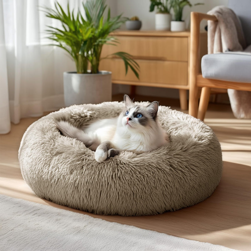 Deconovo Calming Donut Dog Bed, Washable Plush Round Pet Bed for Small Dogs & Cats with Raised Rim, Non-Slip Base and Soft Faux Fur—Lightweight, Easy-Care Design Camel 21" L x 21" W x 8" Th 21"L x 21"W x 8"Th - PawsPlanet Australia