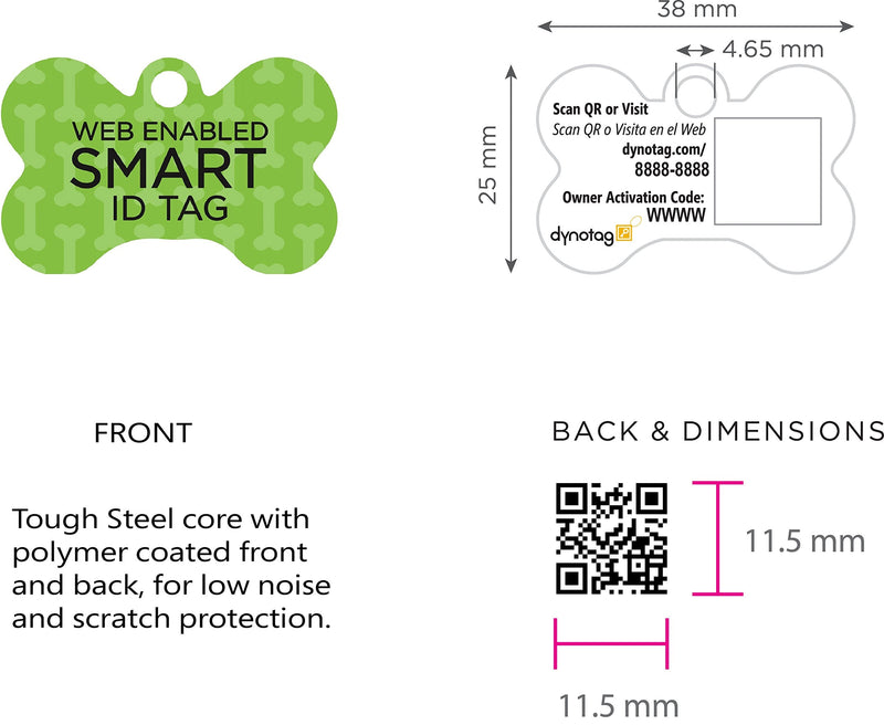 Dynotag Web/Location Enabled QR Code Smart, Deluxe Coated Steel Pet Tag - Play Series - Bone Green Classic - PawsPlanet Australia