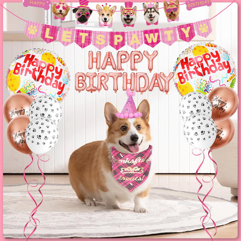 Dog Birthday Decorations Girl, Dog Birthday Party Supplies, Dog Birthday Bandana Pink Dog Birthday Hat with Numbers, Dog Birthday Banner LETS PAWTY and HAPPY BIRTHDAY Balloons Dog Birthday Girl Outfit - PawsPlanet Australia