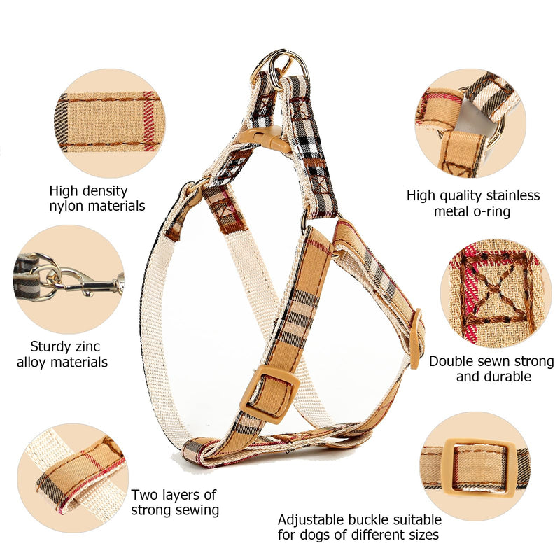 Cute Plaid Dog Collar Harness and Leash with Safety Buckle - Adjustable and No Pull Comfortable Dog Collars for Small Puppy, Stylish Durable Gift for Boy Girl Pets S beige-03 - PawsPlanet Australia