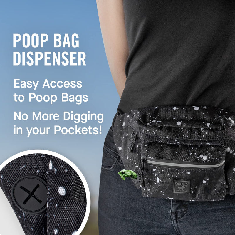 Canada Pooch Everything Dog Walking Fanny Pack - Dog Fanny Pack with Dog Poop Bag Dispenser & Dog Treat Pouch, Great as Dog Training Fanny Pack, Adjustable up to 54” - Splatter Black Splatter - PawsPlanet Australia