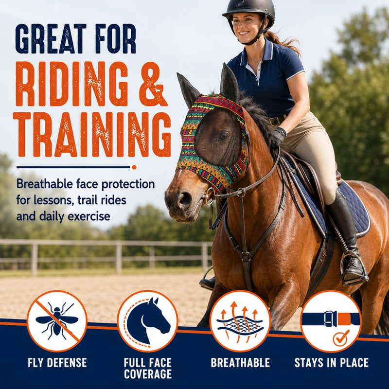 Qualirey 8 Pcs Fly Masks with Ears UV Protection Elastic Horse Face Cover Breathable Mesh for Riding Stable Pasture Supplies(Large,Geometric) Large Geometric