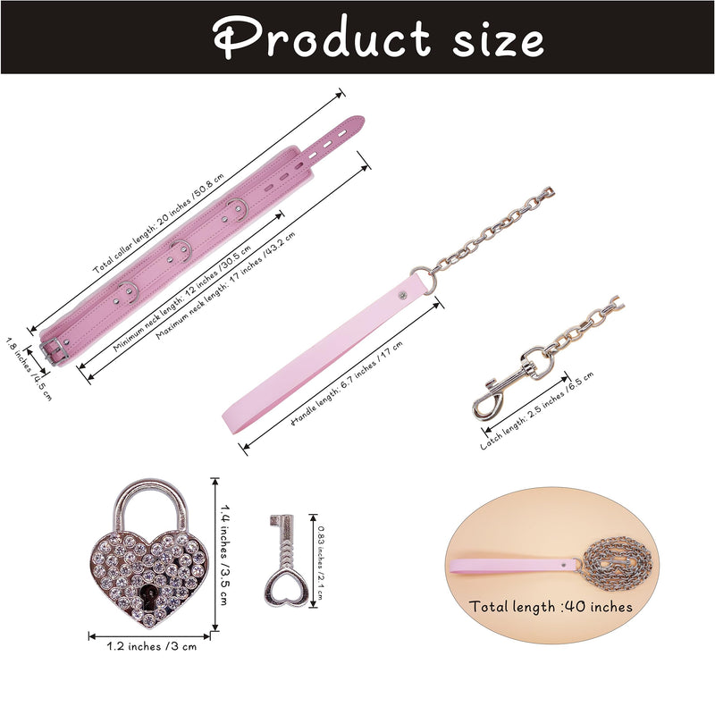 AWISZZZ Pets Dog and Cat Gothic Leather Collar Tie Long Lead Chain Strong Durable with Love Lock and Collar Necklace Neck Size Adjustable Collar for Women Pets - Pink