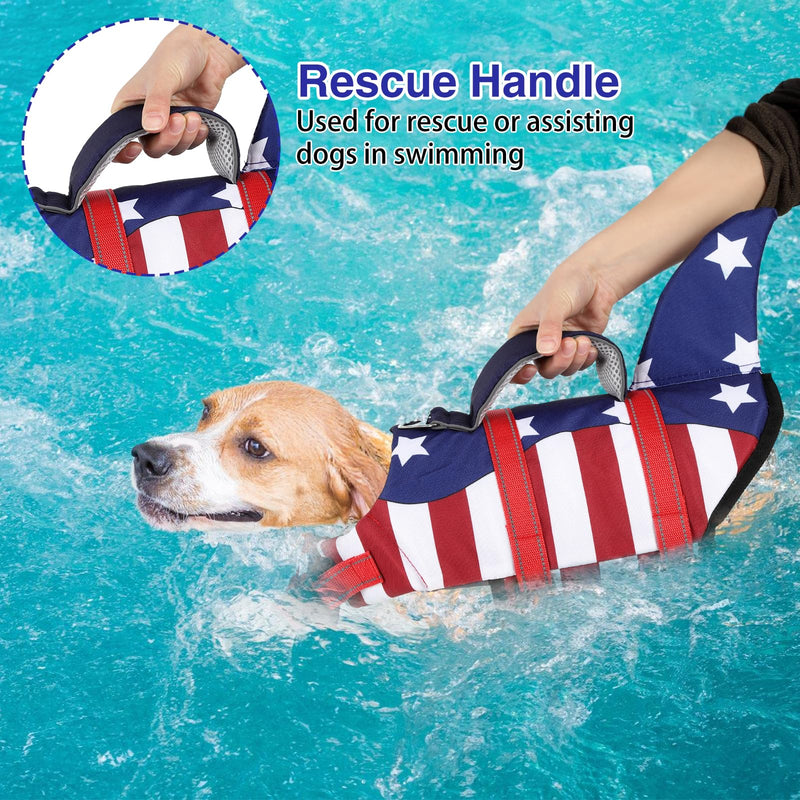 TDTOK Dog Life Jacket Shark Fin American Flag Pattern with Rescue Handle and Reflective Stripes Suitable for 4th of July, High Buoyancy Life Safety Vest for Dogs Swimming and Boating X-Small - PawsPlanet Australia
