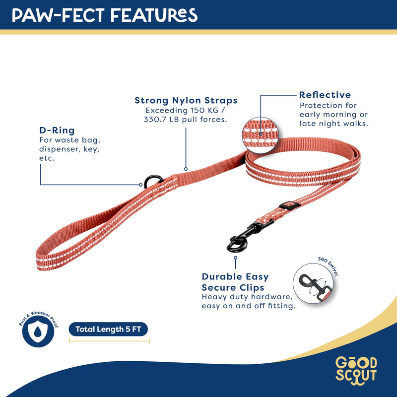 Good Scout 5' Heavy Duty Dog Leash for Small Dogs, Durable Walking & Training Leash for Puppies & Adult Dogs, D-Ring for Waste Bag Storage, Brick - PawsPlanet Australia