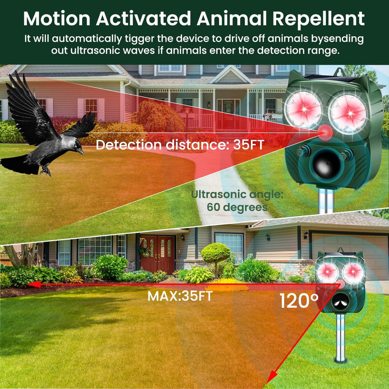 Solar Ultrasonic Animal Repellent Outdoor Cat Repellent Outdoor Motion Activated Animal Repeller Waterproof Cat Deterrent to Scare Skunk Rabbit Raccoon Dog Squirrel Deer for Yard Green
