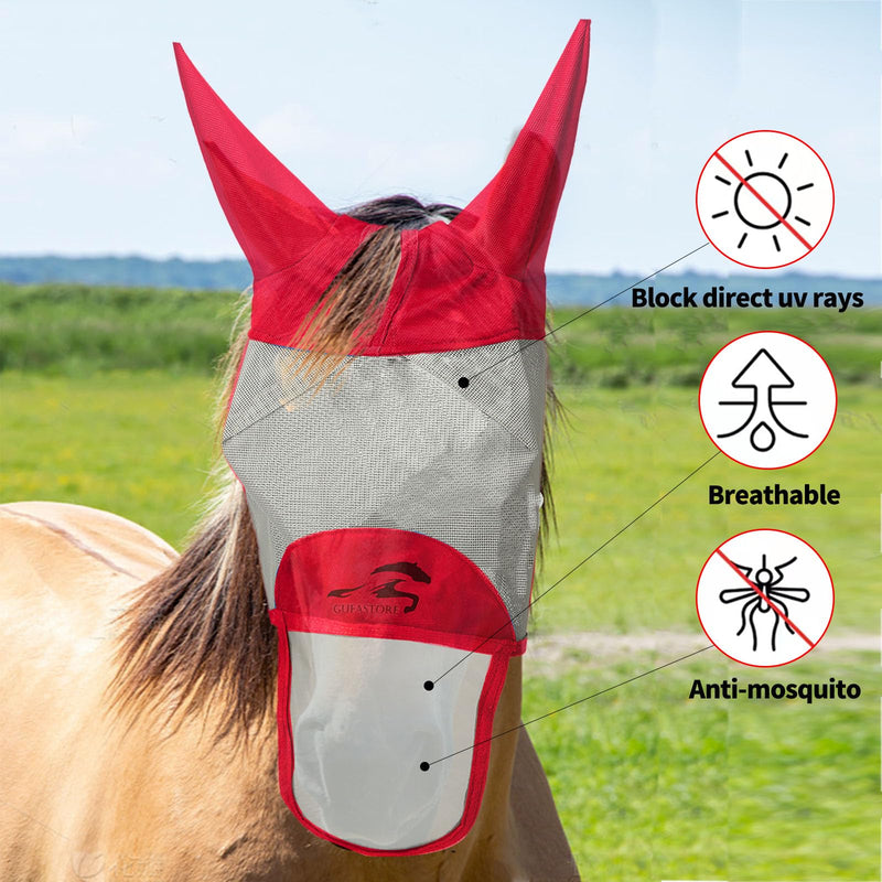 Horse Fly Mask with Long Nose and Ears,Red,Small Size Small Red
