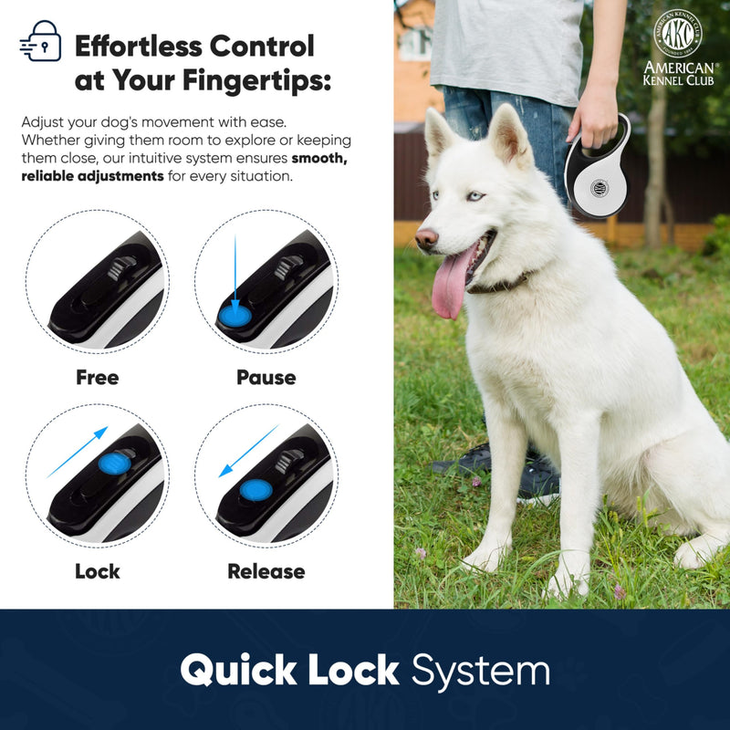 American Kennel Club Retractable Dog Leash, 16.4ft, Tangle-Free, Ergonomic Grip, One-Hand Brake, for Medium & Large Dogs up to 66 Medium Dog (Up to 66 lbs) White/Black - PawsPlanet Australia