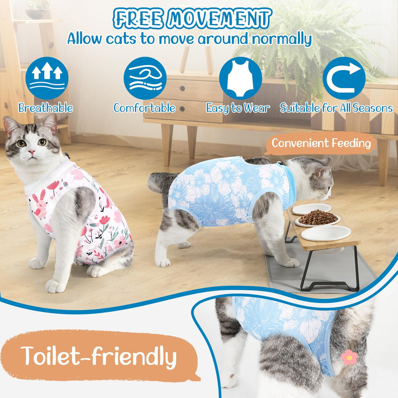 SlowTon Cat Recovery Suit - Cat Onesie for Cats After Surgery Female Male, Kitten Clothes Cats Surgical Spay Suit Abdominal Wounds, E-Collar Alternative Bodysuit Shirt Anti-Licking (Blue Flower,M) Medium Blue Flower