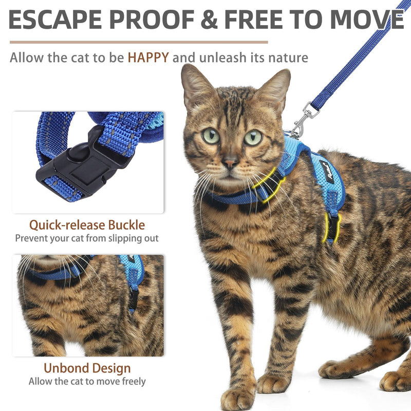 PUPTECK Cat Harness and Leash Set Escape Proof, Reflective Adjustable Soft Mesh Kitten Vest Harness for Walking Travel, Blue, M Medium